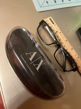 Armani Exchange Black Hard Shell Eyewear Case with AX Logo & glasses frame